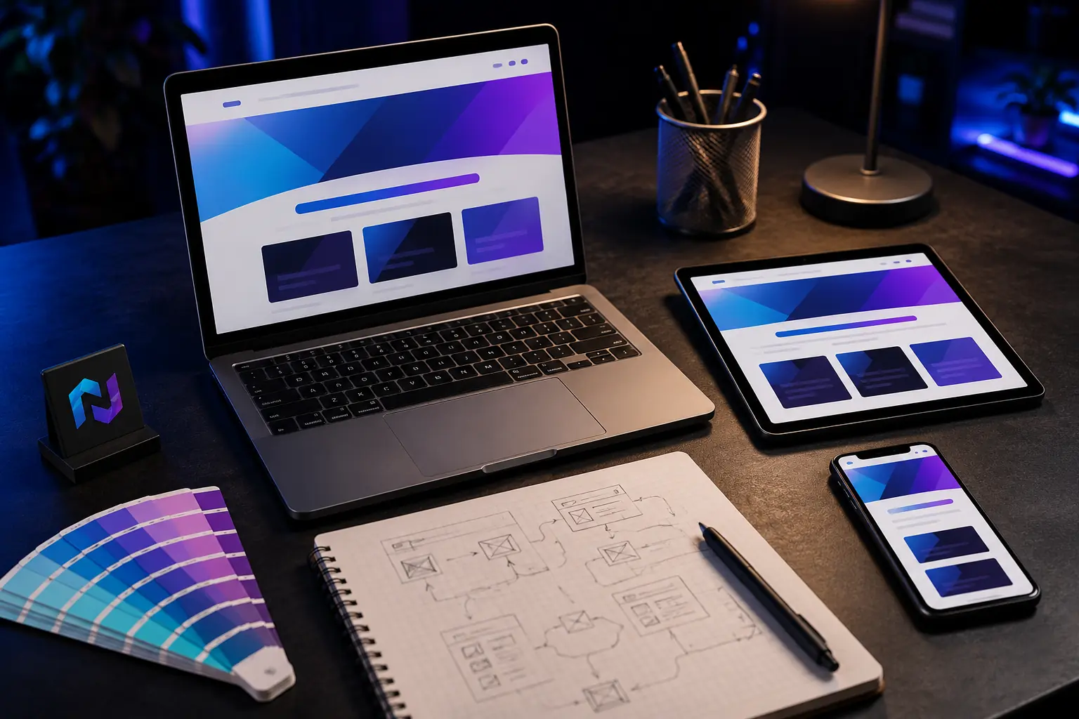 Atelier stratégique Novyxel avec maquettes web sur plusieurs appareils